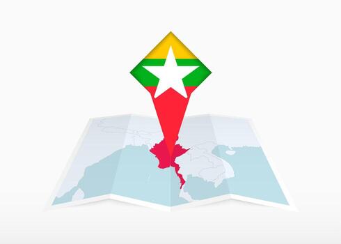 Myanmar is depicted on a folded paper map and pinned location marker with flag of Myanmar. vector