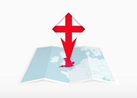 England is depicted on a folded paper map and pinned location marker with flag of England. vector