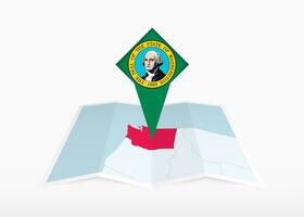 Washington is depicted on a folded paper map and pinned location marker with flag of Washington. vector