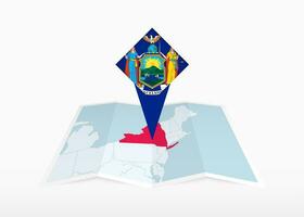 nuevo York es representado en un doblada papel mapa y clavado ubicación marcador con bandera de nuevo york vector