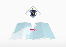 Massachusetts es representado en un doblada papel mapa y clavado ubicación marcador con bandera de Massachusetts. vector