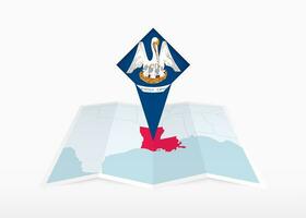 Louisiana is depicted on a folded paper map and pinned location marker with flag of Louisiana. vector