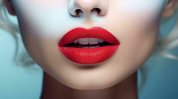 ai generado De las mujeres rojo labios de cerca con suave piel. retrato de hermosa joven mujer con brillante rojo labios. foto