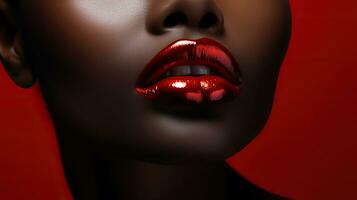 ai generado cerca arriba retrato de hermosa africano americano mujer con rojo labios en un rojo antecedentes. foto