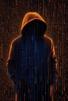 AI generated hacker in a hood on the background of a computer artificial intelligence matrix photo