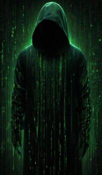 ai generado hacker en un capucha en el antecedentes de un computadora artificial inteligencia matriz foto