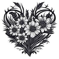 AI generated black and white , heart made of flowers for lovers photo