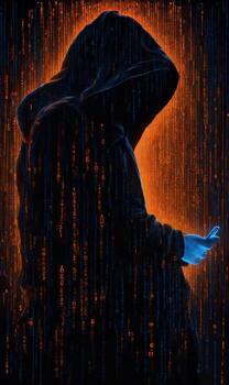 AI generated hacker in a hood on the background of a computer artificial intelligence matrix photo