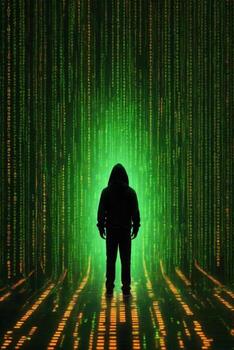 ai generado hacker en un capucha en el antecedentes de un computadora artificial inteligencia matriz foto