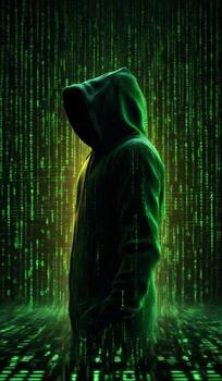 AI generated hacker in a hood on the background of a computer artificial intelligence matrix photo