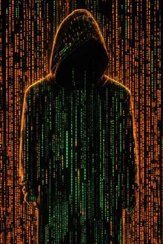 AI generated hacker in a hood on the background of a computer artificial intelligence matrix photo