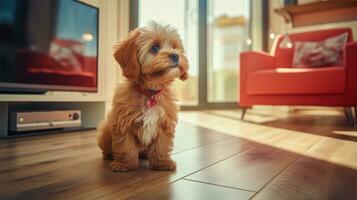 ai generado retrato de adorable perro en el piso en moderno habitación, ai generativo foto