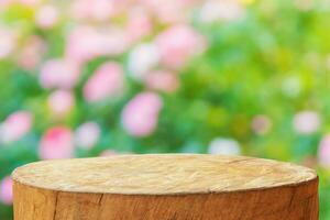 Empty old tree stump table top with blur rose garden background for product display photo