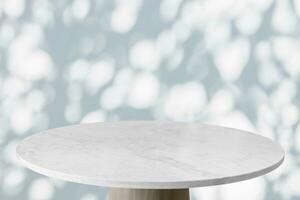 Round marble table top with tree leaves shadow drop on white wall background for mockup product display photo