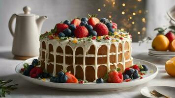 Cake With Fruits and Icing Drip photo