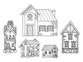 houses doodles. Urban and rural different stone architecture. Vector illustration. Isolated hand outline drawings.