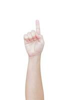 man hand gesture show number one sign isolated on white background photo