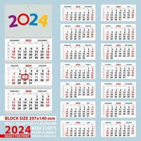 Wall calendar 2024, week start from Sunday. For A4 size. vector