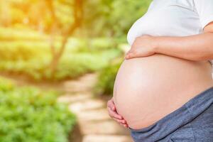 pregnant woman holding her pregnant belly in the garden photo