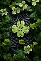 AI Generated A green clover is surrounded by a celtic design of leaves, AI photo