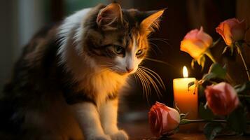 AI Generated A cat sitting next to a candle and some roses, AI photo