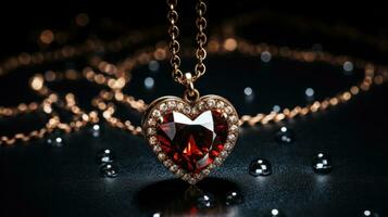 AI Generated A heart shaped pendant with a red stone and diamonds, AI photo