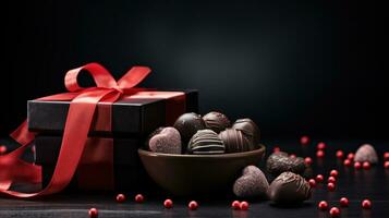 AI Generated A bowl of chocolate covered candies and a red bow on top, AI photo