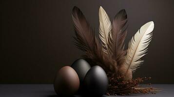 AI Generated A group of three eggs and feathers on a table, AI photo