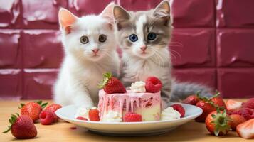 AI Generated Two kittens are sitting on a plate with strawberries and cream, AI photo