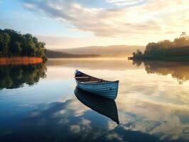 AI Generated A small boat is sitting on the calm water of a lake, AI photo