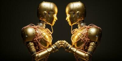 AI Generated Two golden robots are facing each other with their hands in front of them, AI photo