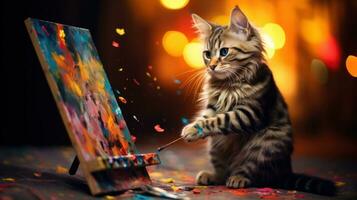 AI Generated A cat painting on a canvas with paintbrush in hand, AI photo