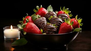 AI Generated A bowl of chocolate covered strawberries with a candle in the background, AI photo