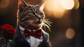 ai generado un gato vistiendo un arco Corbata y rojo chaqueta con rosa, ai foto