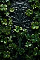 AI Generated A close up of a black and green wall with clover leaves, AI photo
