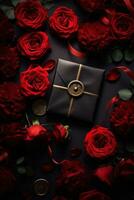 AI Generated A black box with red roses and gold coins on a dark background, AI photo