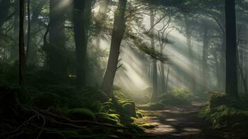 ai generado un camino mediante un bosque con luz de sol brillante abajo en él, ai foto