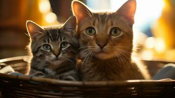 ai generado un cerca arriba de dos gatos sentado en un cesta juntos, ai foto