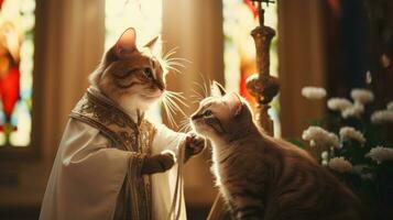 AI Generated A cat dressed as a priest with another cat in front of flowers, AI photo