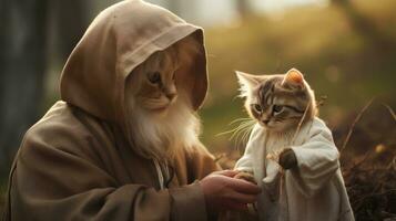 AI Generated A cat dressed as a wizard and holding hands with another small cat, AI photo