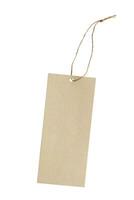 Blank price tag tied with string isolated on white background photo