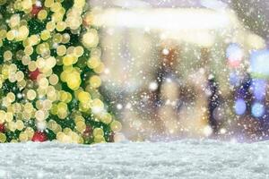 Empty white snow with blur Christmas tree with bokeh light background photo