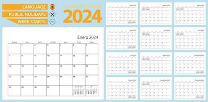 Español calendario planificador para 2024. Español idioma, semana empieza desde domingo. vector