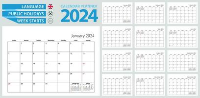 pared calendario planificador para 2024. Inglés idioma, semana empieza desde domingo. vector