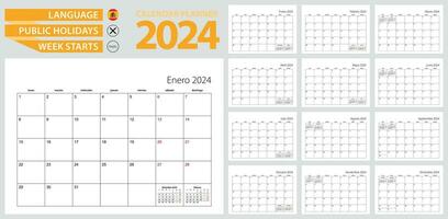 Español calendario planificador para 2024. Español idioma, semana empieza desde lunes. vector