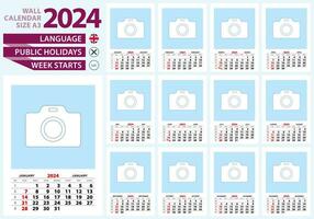 Wall calendar 2024 size A3, English language. Week start from Sunday. vector