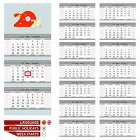2024 pared calendario modelo. China y Inglés idioma. semana empieza desde lunes. vector