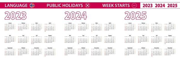 2023, 2024, 2025 year vector calendar in Norwegian language, week starts on Sunday.