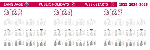 2023, 2024, 2025 año vector calendario en esloveno idioma, semana empieza en domingo.