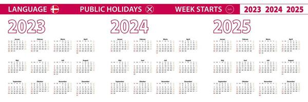 2023, 2024, 2025 year vector calendar in Danish language, week starts on Sunday.